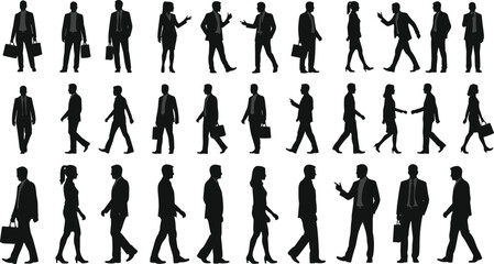 Business people silhouette vector set, walking, standing, talking, gesturing poses, office attire, communication, teamwork, posture, interaction, corporate, design