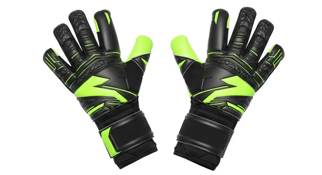 Pair of goalkeeper gloves black with neon green accents palms facing up on a white background