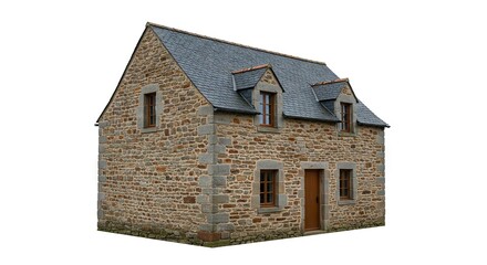 Stonebuilt cottage with slate roof dormer windows and a wooden door