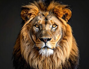 A majestic lion portrait with a full, golden mane against a dark background, showcasing the animal's piercing eyes and powerful gaze