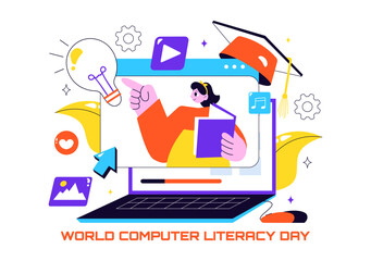 World Computer Literacy Day Vector Illustration on December 2, Featuring Books, Globe, and Media Equipment to Promote Education in a Flat Background