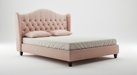 Tufted headboard bed with pink fabric beige sheet  two pillows on a white background