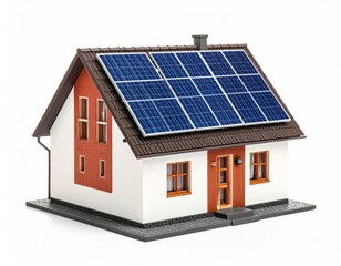 Miniature house with solar panels, featuring a gable roof, brown shingles, white walls, brown trim, and grey foundation, isolated on white