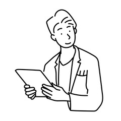 白衣を着た男性がタブレットを持ち診察や説明を行う様子をモノクロの線画で表現したイラスト｜医療現場や教育資料、ヘルスケア関連のデザインに使いやすいベクター素材
