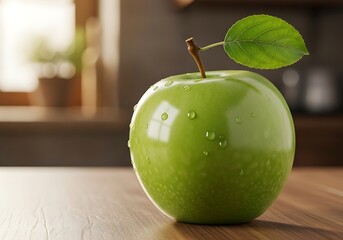 Vibrant green apple with leaf showcases nature's freshness in kitchen