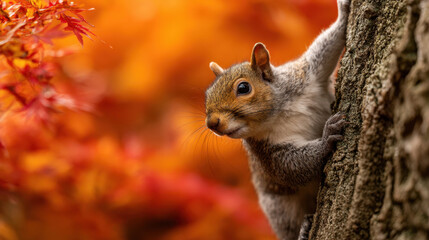 Obraz premium Squirrel climbing tree in autumn with vibrant orange leaves creating a warm, colorful background highlighting nature's beauty and wildlife in its natural habitat.
