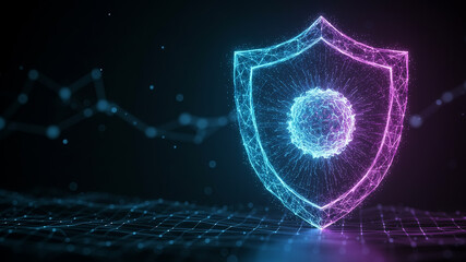 A glowing digital shield made of intricate blue and purple light patterns, a perfect background for a cybersecurity website or an antivirus software advertisement Tech