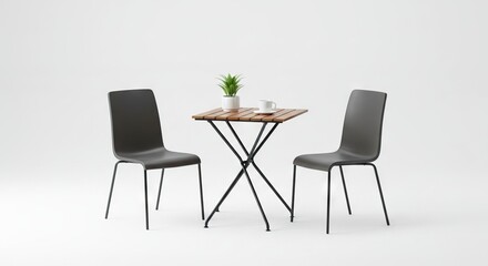 Two dark chairs flank a small wood table with a potted plant and a cup set against a plain white backdrop