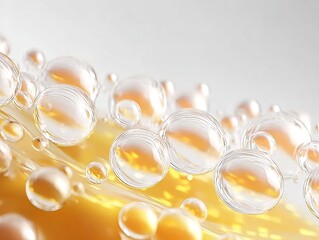 Close-up of translucent bubbles suspended in a golden liquid, showcasing intricate reflections and refractions.