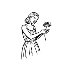 Black and white vector illustration of a beautiful woman holding a flower, minimal clean line art style