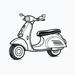 Illustration of a vintage scooter with a classic design, outlined in black and white.