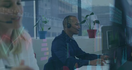 Opening overlay driving agent taking call and colleague typing for animating finance charts - Powered by Adobe