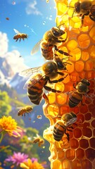 Bees on honeycomb in a beautiful landscape