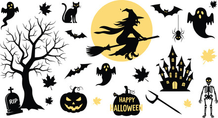 Spooky Halloween elements including a witch, ghosts, bats, pumpkin, and haunted castle on a white background