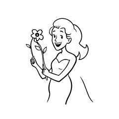 Black and white vector illustration of a beautiful woman holding a flower, minimal clean line art style