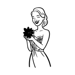 Black and white vector illustration of a beautiful woman holding a flower, minimal clean line art style
