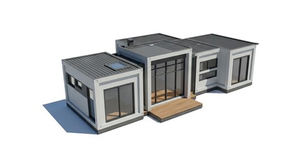 Three modular container homes adjoin featuring windows a deck and a flat roof set against a white background