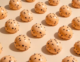 Pattern of small, round, peach-colored pastries, each dotted with tiny black specks, cast shadows against a plain, pale background