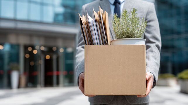 A businessman carrying a box of documents and a plant outside an office building, illustrating workplace transition.