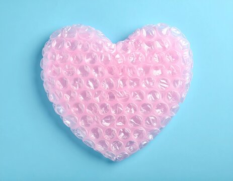Heart-shaped pink bubble wrap sits centered on a light-blue background. Close-up, showing bubble detail, and subtle shadows add depth