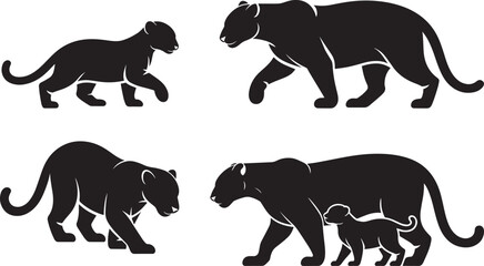 Panther Family Silhouette Set Isolated on Transparent Background Wild Cats Vector Images