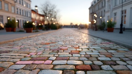 Cobblestone Pavement Texture with Warm Sunset Glow in Urban Setting High Dynamic Range Photo