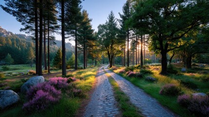 Cobblestone Path Through Forest at Sunset with Sun Rays Shining Through Trees and Pink Flowers Along the Road in a Cinematic Hdr Landscape