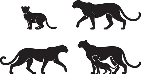 Panther silhouettes set big cats family walking hunting sitting wild animal © Pappu0099