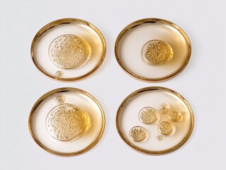 Four petri dishes containing golden-hued liquid samples, possibly for scientific or laboratory analysis.