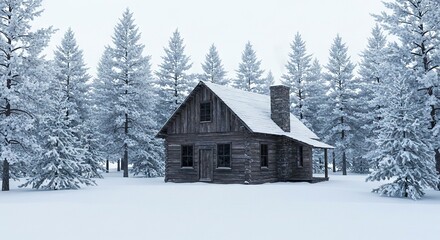 Snowy log cabin nestled amongst frosted pine trees creating a serene winter scene