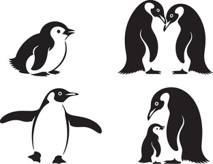 Naklejka premium Penguin silhouette set, arctic bird family, emperor, baby chick, black wildlife collection
