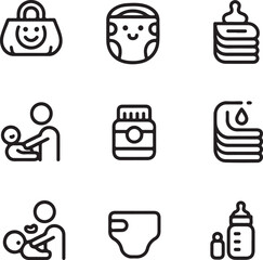 Diaper Features Editable Stroke Outline Icons Set Vector Illustration
