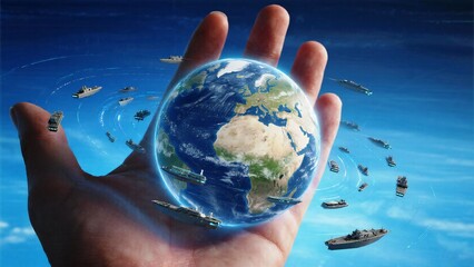 Global dominance visualized with a human hand cradling Earth surrounded by a fleet of modern warships navigating dynamic blue seas.