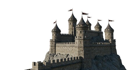 Fototapeta premium Stone castle perched atop rocks featuring towers battlements under a white sky Dark flags adorn the towers