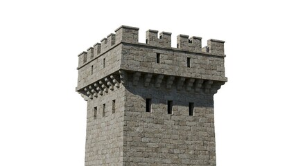 Stone castle tower section with crenellations protruding corbels  narrow vertical windows