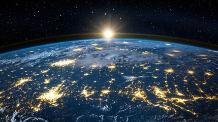 Panoramic view of planet earth from space showing continents and oceans in high detail