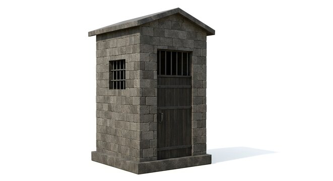 Stone building with barred window and door solid grey texture isolated