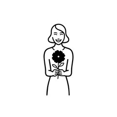 Black and white vector illustration of a beautiful woman holding a flower, minimal clean line art style