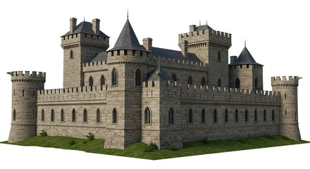 Fototapeta premium Stone castle with pointed roofs towers crenellations on a grassy platform