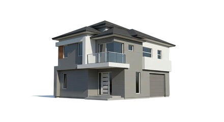Twostory house with gray and white exterior balcony front steps visible windows and an integrated garage