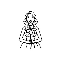 Obraz premium Black and white vector illustration of a beautiful woman holding a flower, minimal clean line art style 