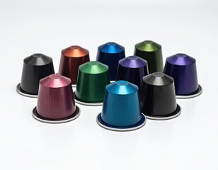 A collection of colorful, cylindrical coffee pods arranged in a semi-circle against a clean, white background. Smooth textures, metallic sheen