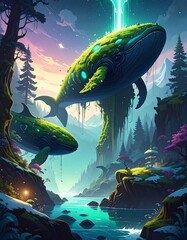 Two whales in a vibrant fantasy landscape