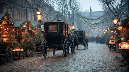 Obraz premium Cobblestone street is adorned with festive decorations, featuring horse drawn carriages and warmly lit market stalls. scene evokes nostalgic, winter holiday atmosphere