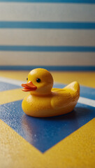 Playful Yellow Rubber Duck on Blue and White Striped Waves – Minimalist Whimsical Toy Design