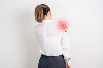 Business Woman having Shoulder Pain for Muscle Inflammation and Sprain, Myofascial ache syndrome...