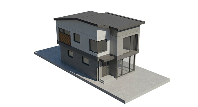 Twostory modern house with flat roof  large windows on concrete foundation