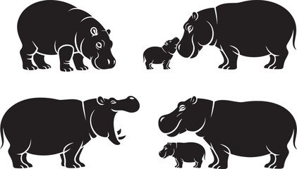 Set of wild hippopotamuses family. Adult hippos stand. Cute hippo calf. Large wild animals