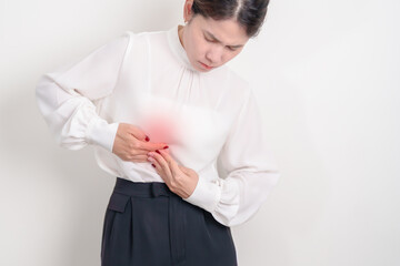 Business Woman having Liver pain for Liver disease, cancer and Tumor, Jaundice, Viral Hepatitis A, B, C, D, E, Cirrhosis, Failure, Enlarged, Hepatic Encephalopathy, Ascites Fluid in Belly and health