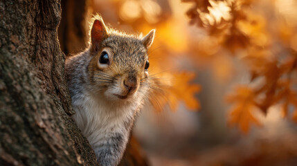 Squirrel peeking around tree trunk surrounded by vibrant autumn foliage with warm, golden light illuminating its curious expression and furry features.